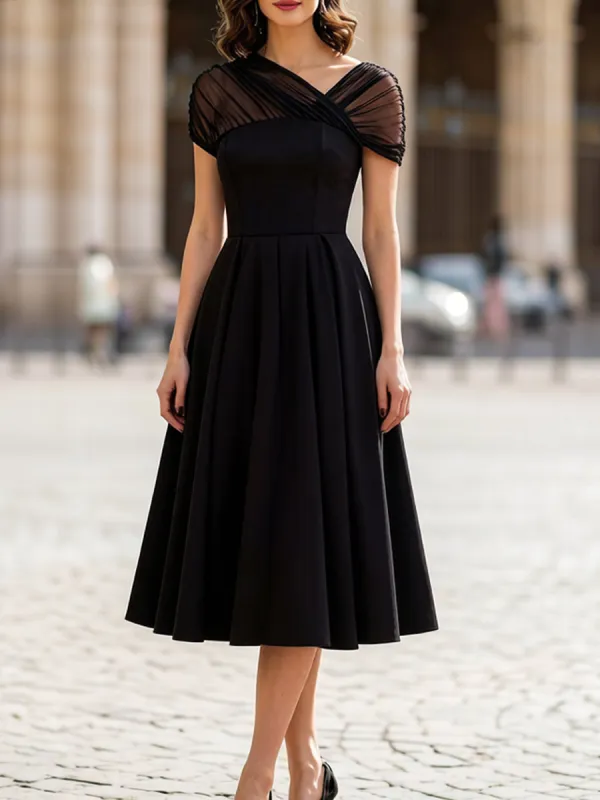 Black Sheer Tulle Cap Sleeve Pleated Fit-and-Flare Midi Dress made by Something Navy