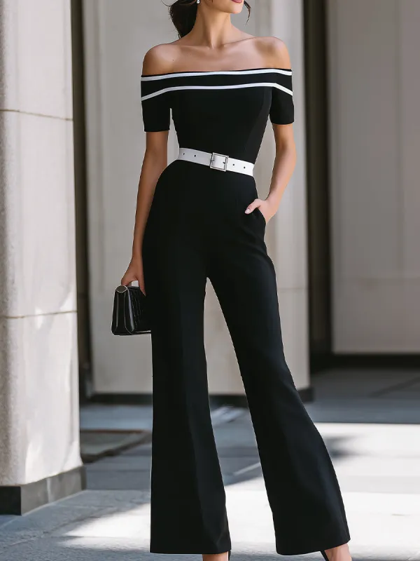 Black Off-Shoulder Contrast Stripe Belted Flare Jumpsuit With Pockets made by Something Navy