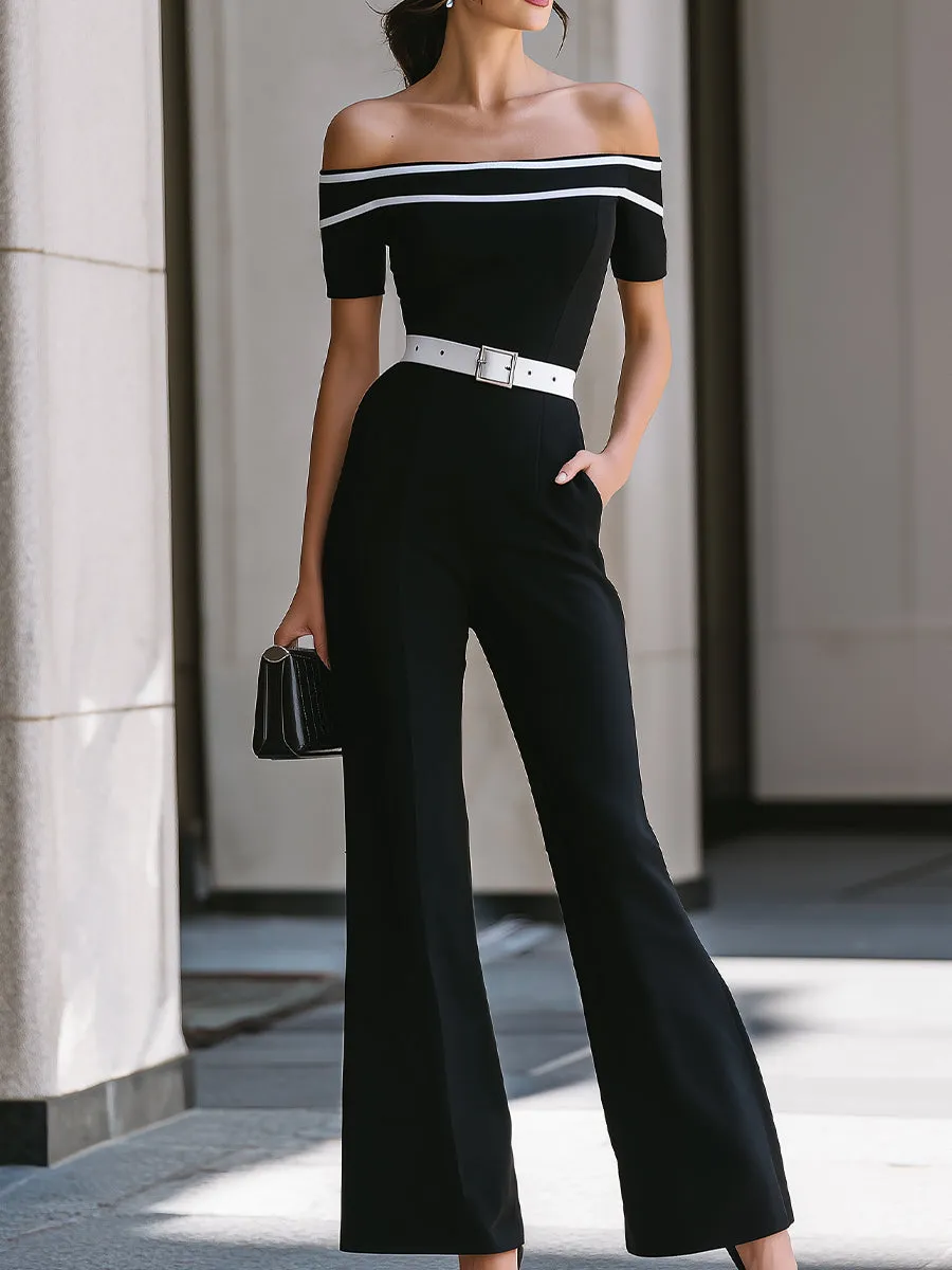 Black Off-Shoulder Contrast Stripe Belted Flare Jumpsuit With Pockets sold by Mooyius