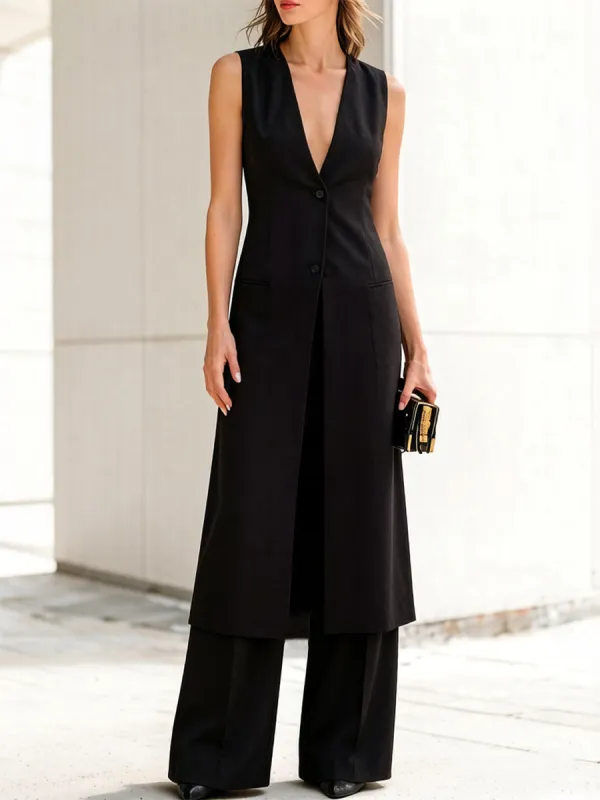 Black Sleeveless Longline Vest & High-Waisted Wide-Leg Pants Two-Piece Suit Set made by Something Navy