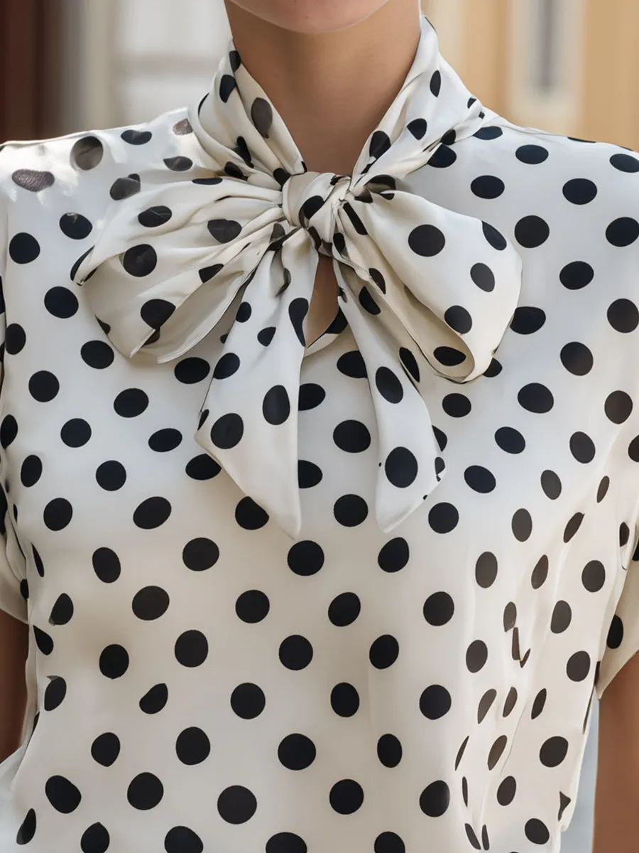 Satin Polka Dot Bow Tie Neck Short Sleeve Blouse sold by Mooyius product image thumbnail 4