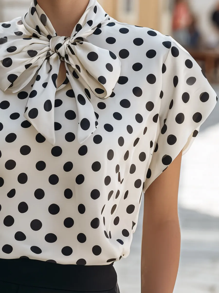 Satin Polka Dot Bow Tie Neck Short Sleeve Blouse sold by Mooyius product image thumbnail 3