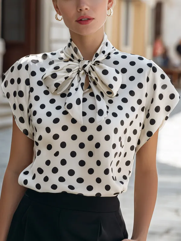 Satin Polka Dot Bow Tie Neck Short Sleeve Blouse made by Mooyius
