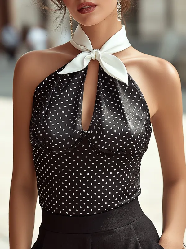 Satin Polka Dot Halter Top With White Bow made by Mooyius