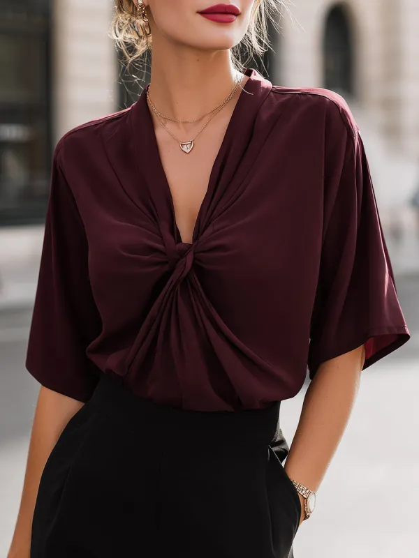 Twisted Knot V-Neck Draped Short Sleeve Top made by Mooyius