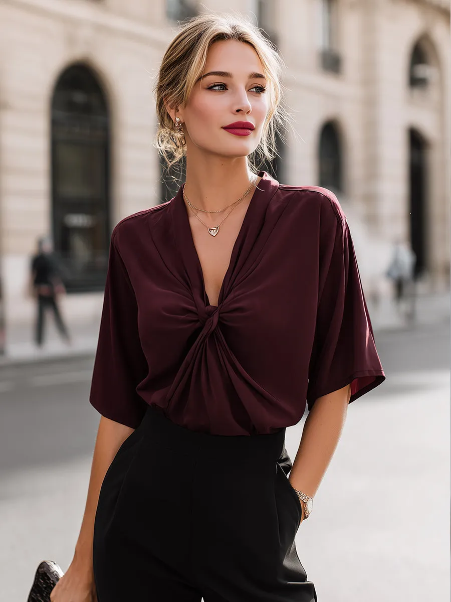 Twisted Knot V-Neck Draped Short Sleeve Top sold by Mooyius product image thumbnail 2