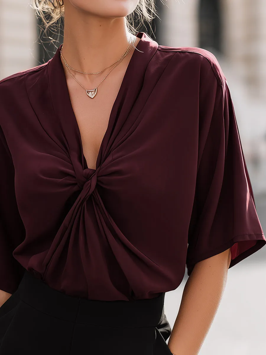 Twisted Knot V-Neck Draped Short Sleeve Top sold by Mooyius product image thumbnail 4