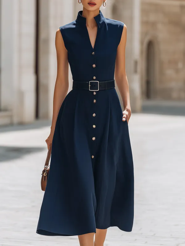 Sleeveless Stand Collar Belted Midi Dress With Gold Buttons made by Mooyius