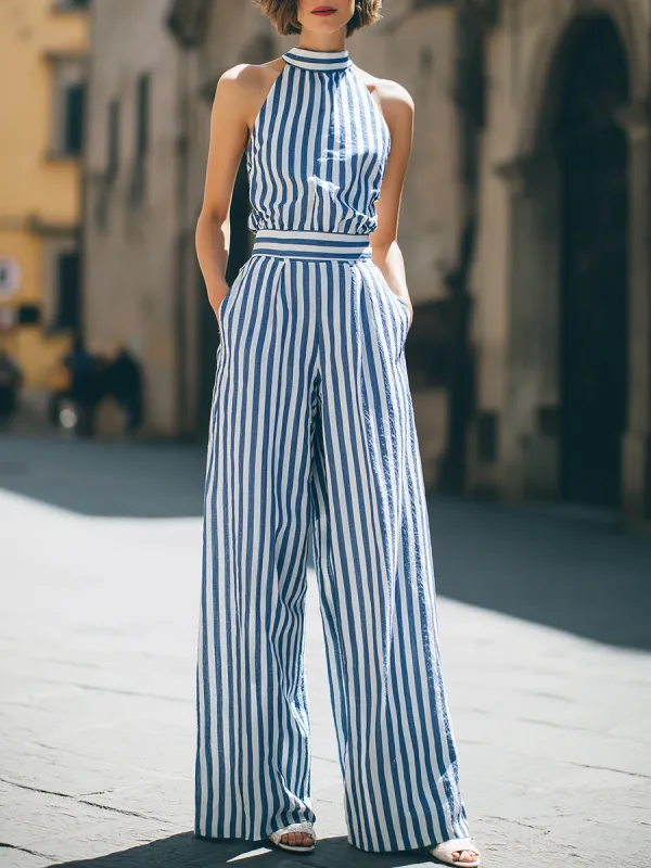 Striped Halter Top & Wide-Leg Pants Set made by Mooyius