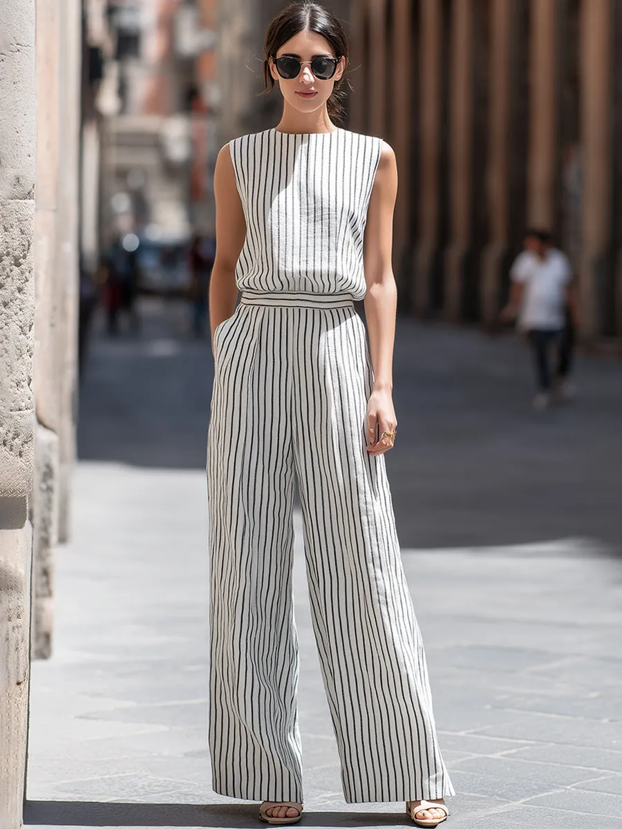 Minimalist Sleeveless Striped Top & Wide-Leg Pants Set sold by Mooyius product image thumbnail 2