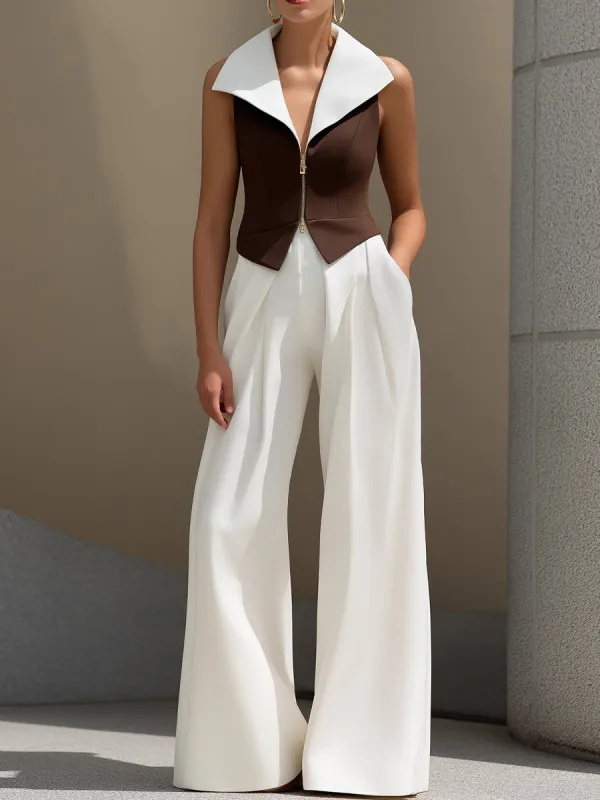 Contrast Lapel Zip Vest & Wide-Leg Pants Set made by Mooyius