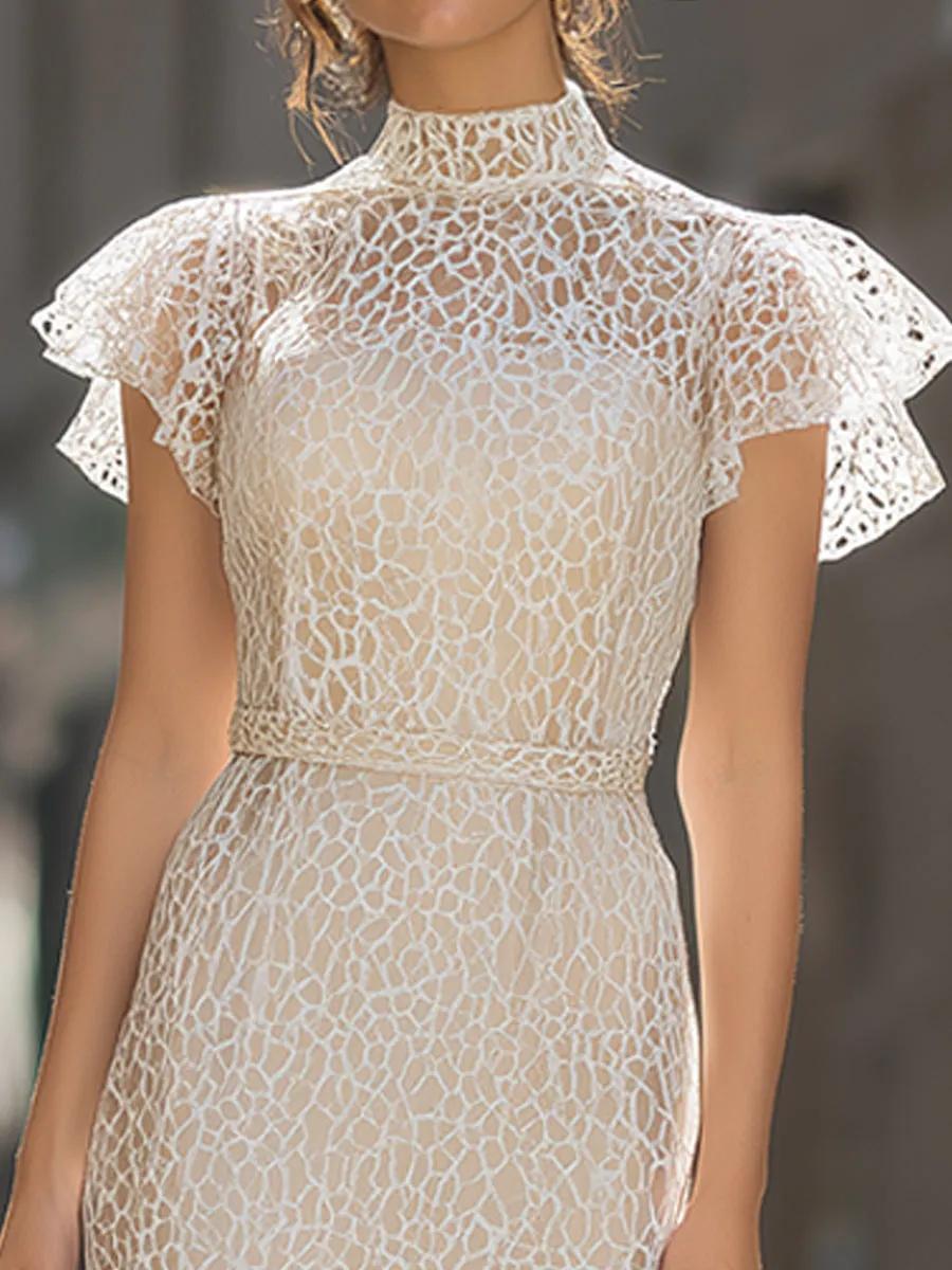 Lace High Neck Flutter Sleeve Maxi Dress sold by Mooyius product image thumbnail 4