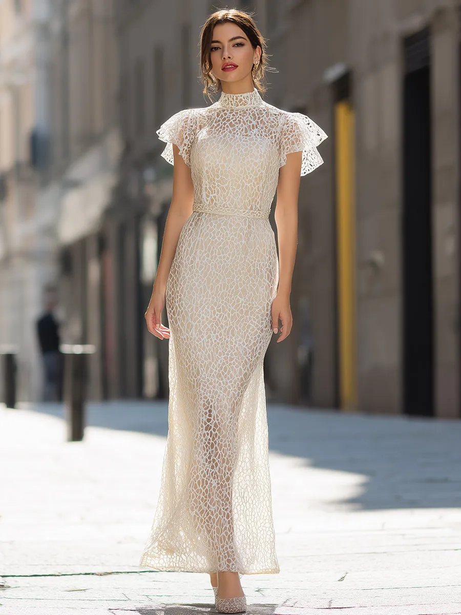 Lace High Neck Flutter Sleeve Maxi Dress sold by Mooyius product image thumbnail 2