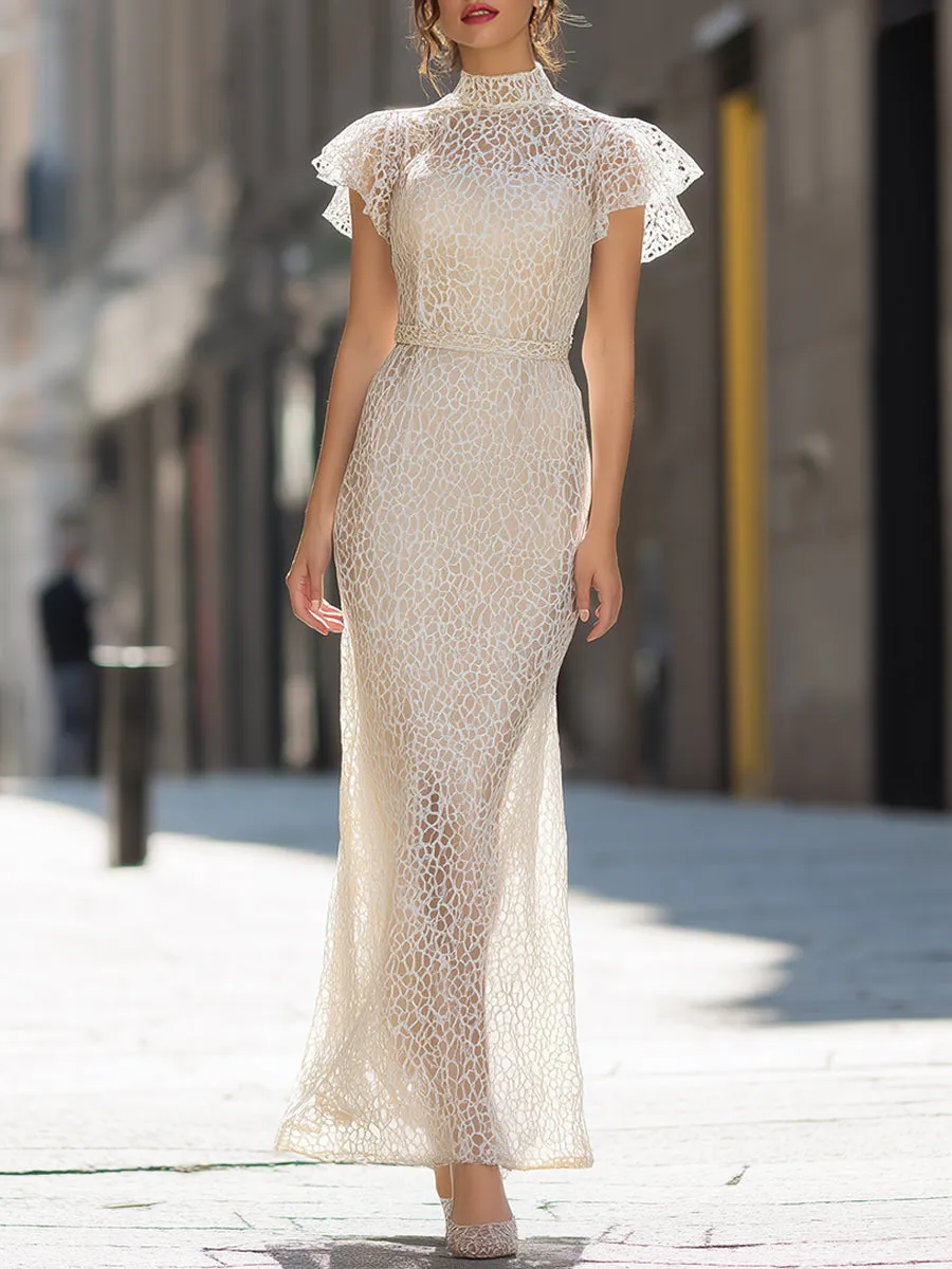 Lace High Neck Flutter Sleeve Maxi Dress sold by Mooyius