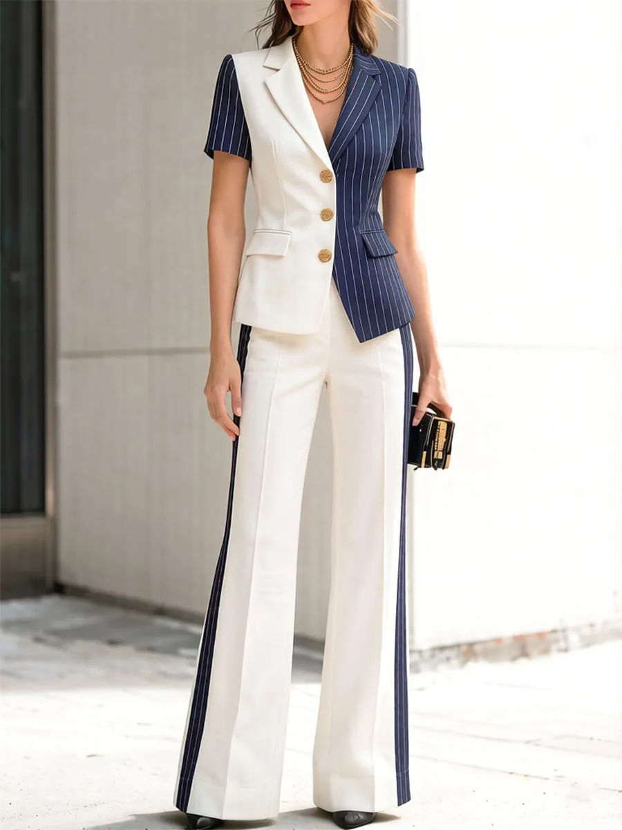 Contrast Short-Sleeve Blazer & High-Waisted Flare Pants Two-Piece Suit Set sold by Mooyius