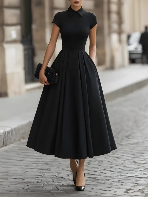 Collared Short Sleeve Pleated A-Line Midi Dress made by Mooyius