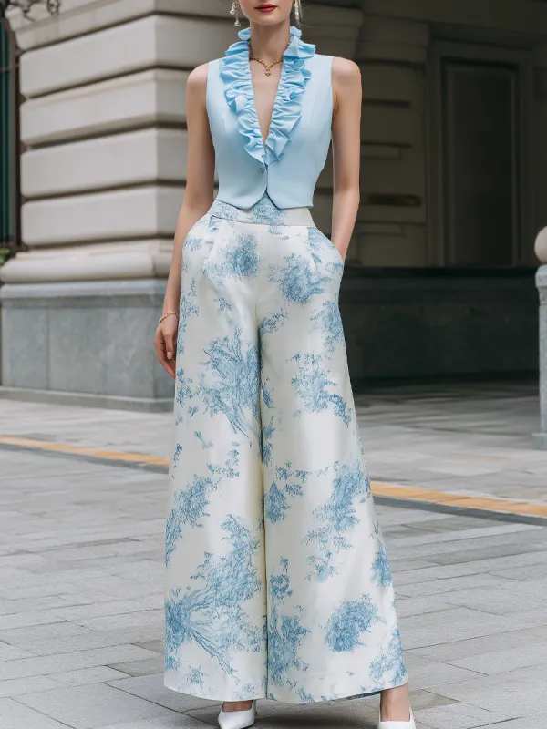 Ruffled Sleeveless Tailored Vest & Printed Wide-Leg Pants Set made by Mooyius