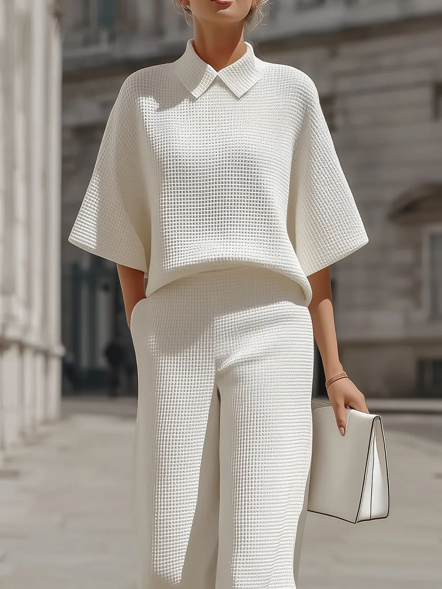 Waffle Knit Polo Collar Top & High-Waisted Wide-Leg Pants Two-Piece Loungewear Set sold by Mooyius product image thumbnail 2