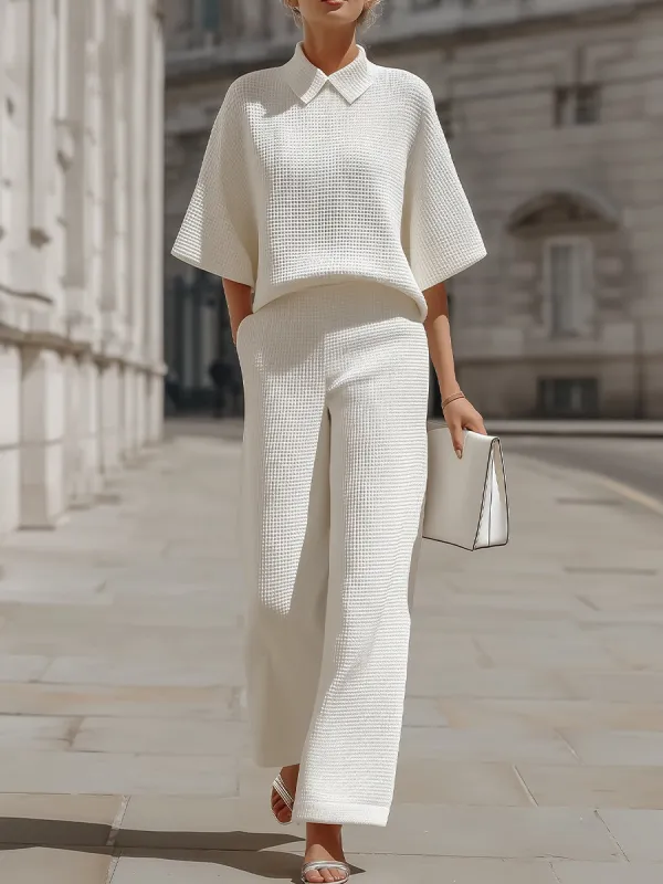 Waffle Knit Polo Collar Top & High-Waisted Wide-Leg Pants Two-Piece Loungewear Set made by Something Navy