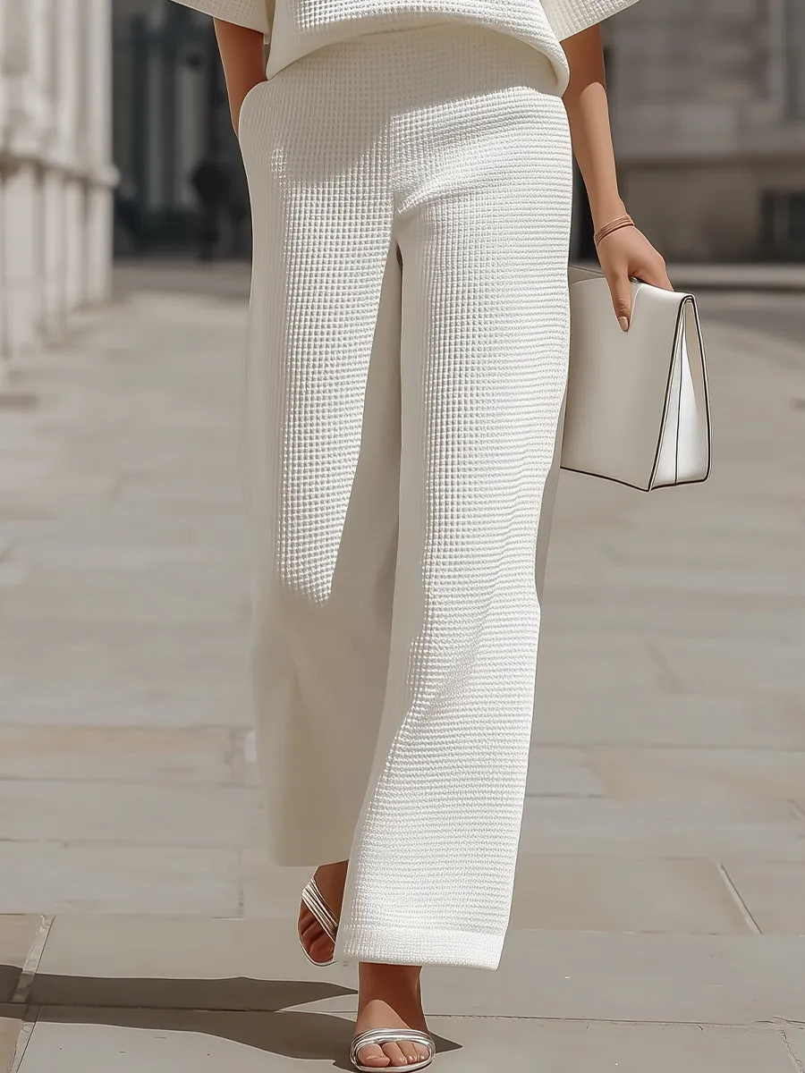 Waffle Knit Polo Collar Top & High-Waisted Wide-Leg Pants Two-Piece Loungewear Set sold by Mooyius product image thumbnail 3