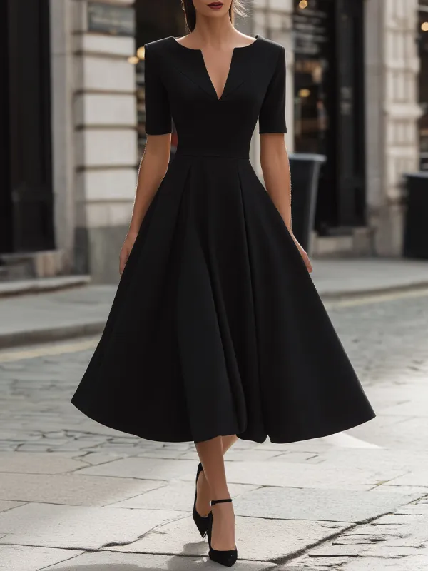 V-Neck Pleated A-Line Midi Dress made by Mooyius