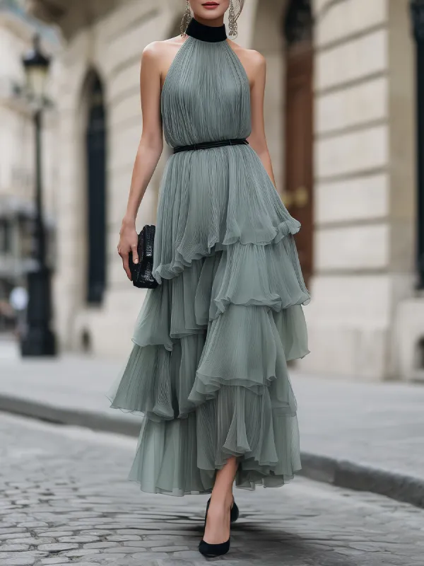 Halter Neck Tiered Ruffle Pleated Maxi Dress made by Mooyius