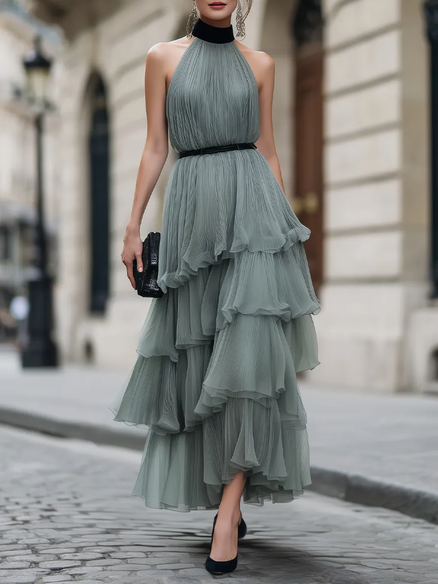 Halter Neck Tiered Ruffle Pleated Maxi Dress sold by Mooyius