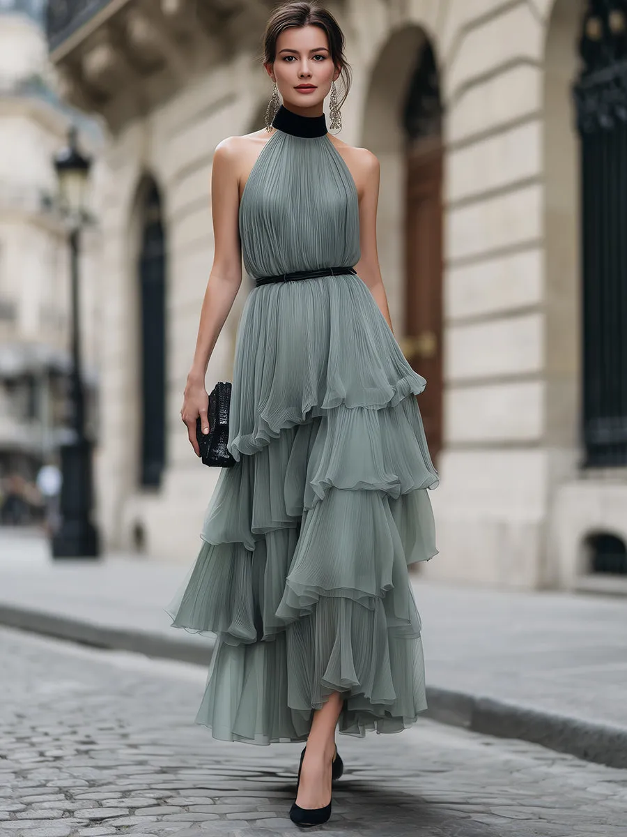 Halter Neck Tiered Ruffle Pleated Maxi Dress sold by Mooyius product image thumbnail 2