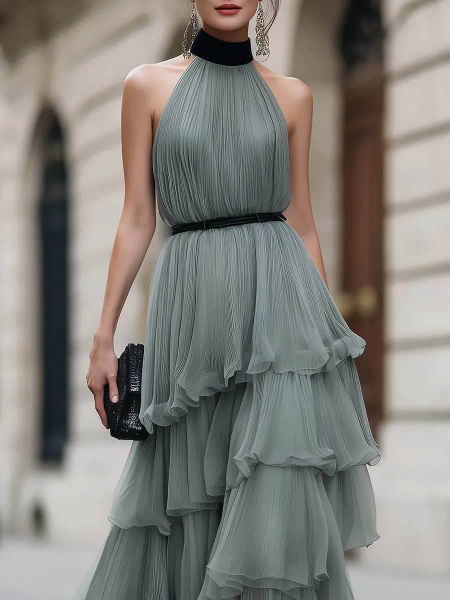 Halter Neck Tiered Ruffle Pleated Maxi Dress sold by Mooyius product image thumbnail 3