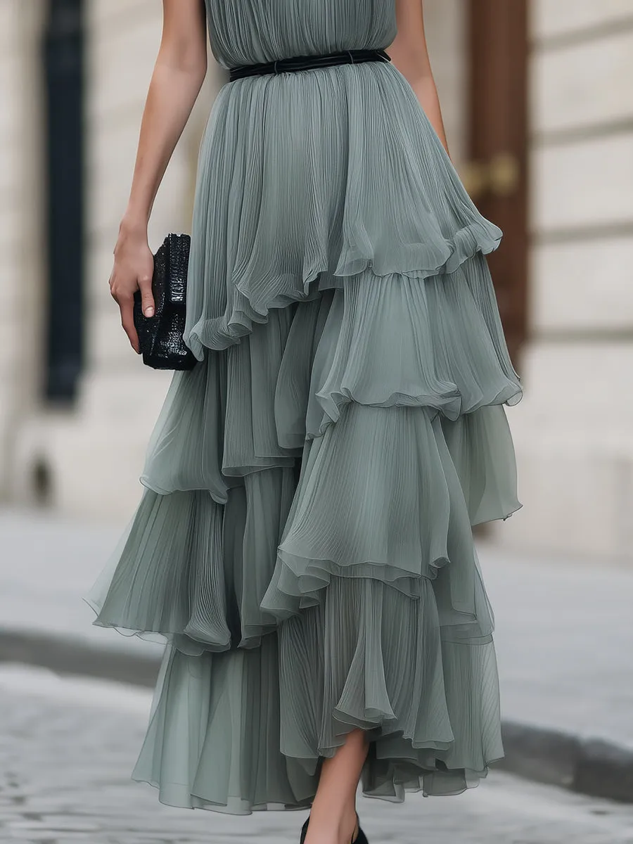Halter Neck Tiered Ruffle Pleated Maxi Dress sold by Mooyius product image thumbnail 4