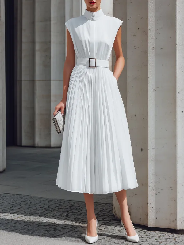 High Neck Pleated Belted Midi Dress made by Mooyius