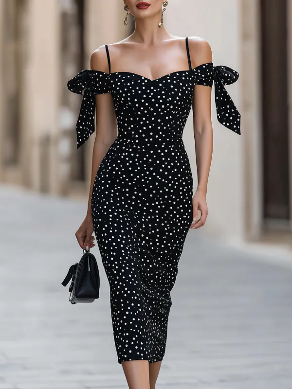 Olka Dot Off-Shoulder Bodycon Midi Dress With Bow Accents made by Mooyius