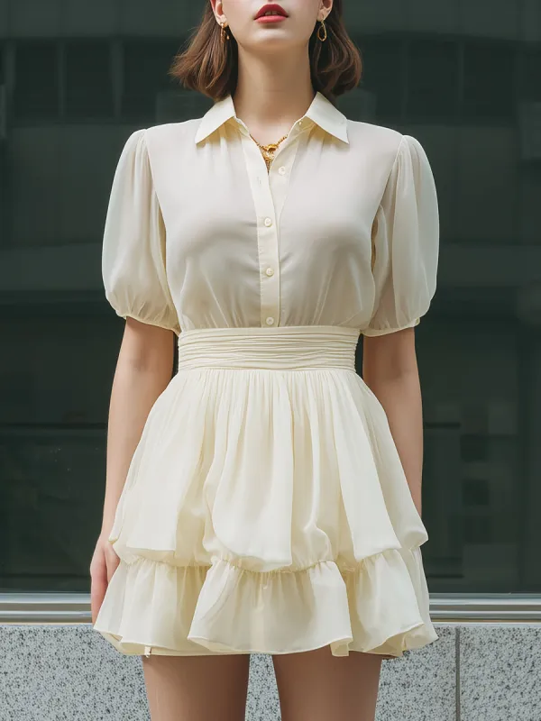 Button-Front Puff Sleeve Ruffle Hem Mini Dress made by Mooyius