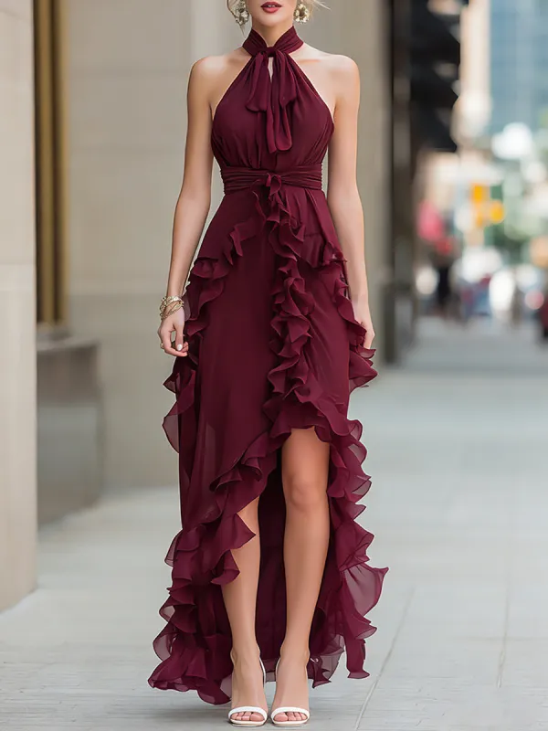 Halter Neck Ruffle Trim Asymmetric High-Low Maxi Dress made by Mooyius