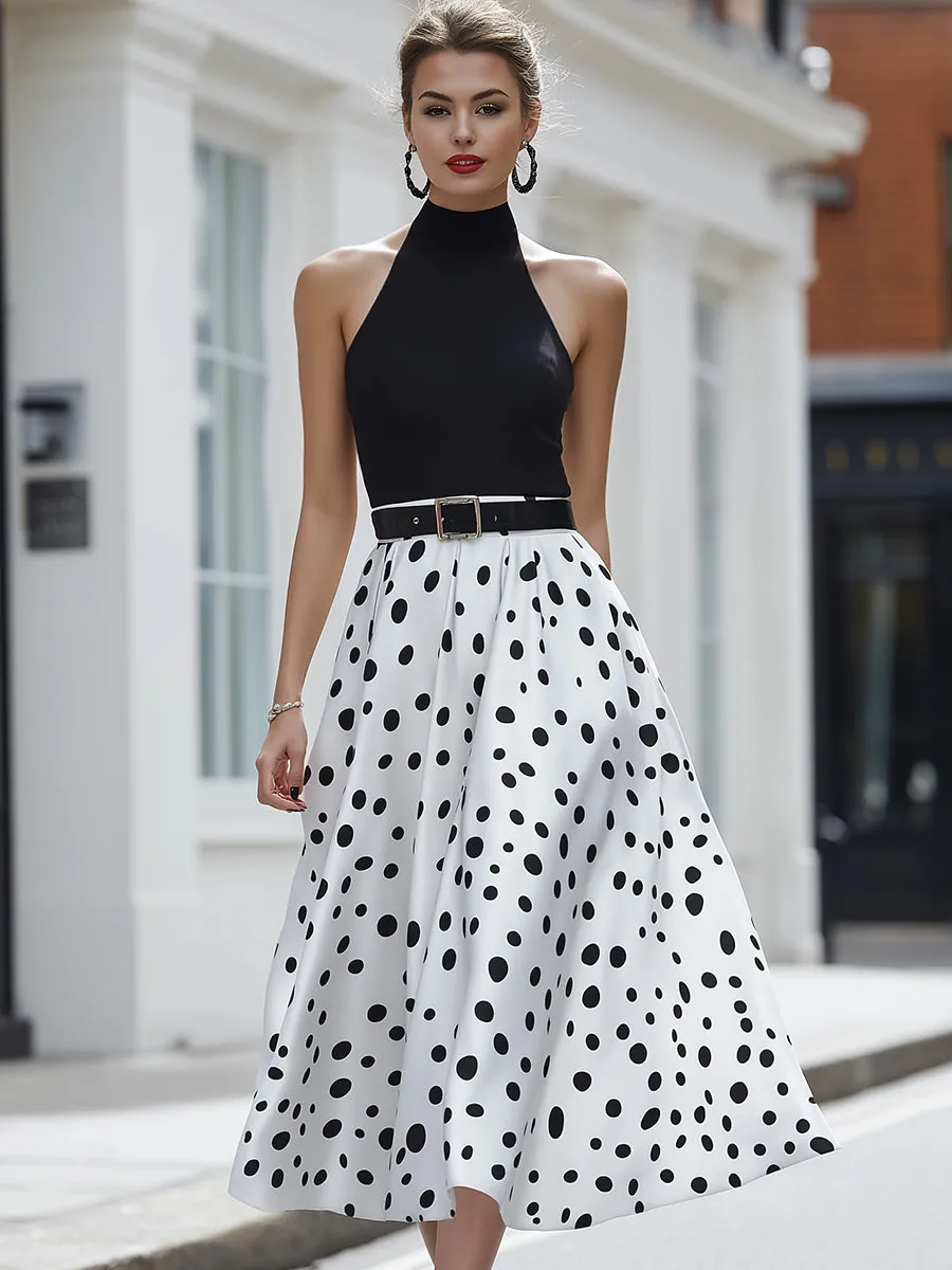 Black Halter Top & White Polka Dot Midi Skirt Two-Piece Set sold by Mooyius product image thumbnail 2