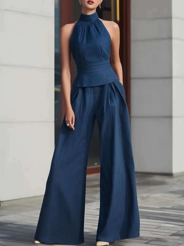 Halter Neck Peplum Top & Wide-Leg Pants Tailored Set made by Mooyius