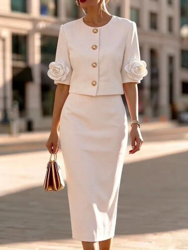 Short Sleeve Rose Applique Crop Top & High-Waisted Bodycon Skirt Two-Piece Suit Set made by Something Navy