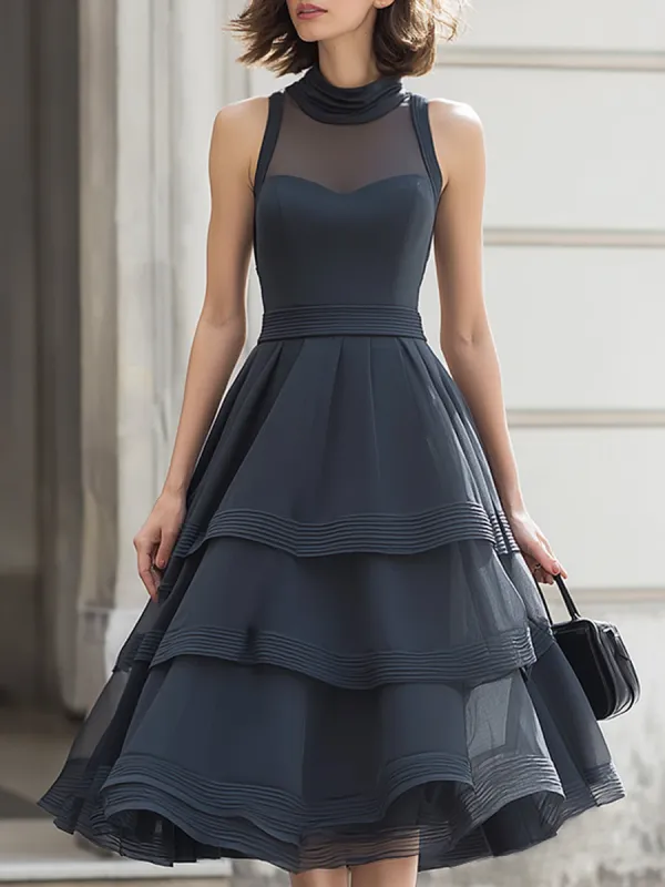 High-Neck Sheer Panel Tiered Ruffle Midi Dress made by Mooyius