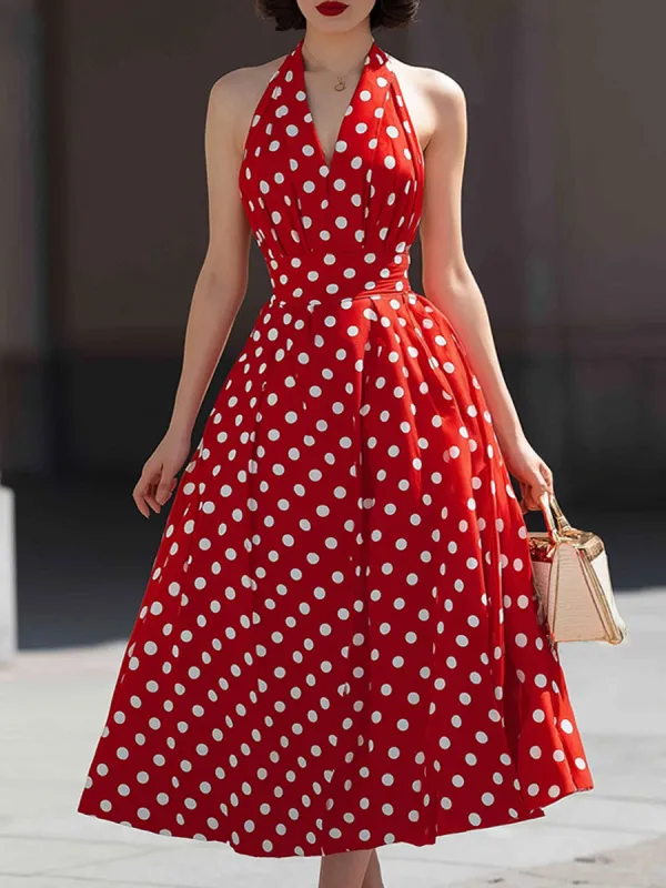 Halter V-Neck Polka Dot A-Line Midi Dress made by Mooyius