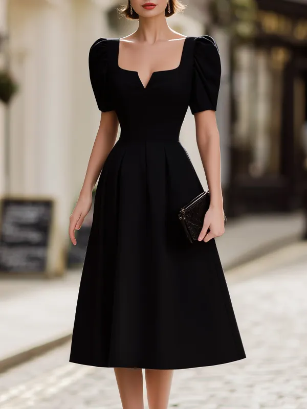 Square Neck Puff Sleeve A-Line Midi Dress made by Mooyius