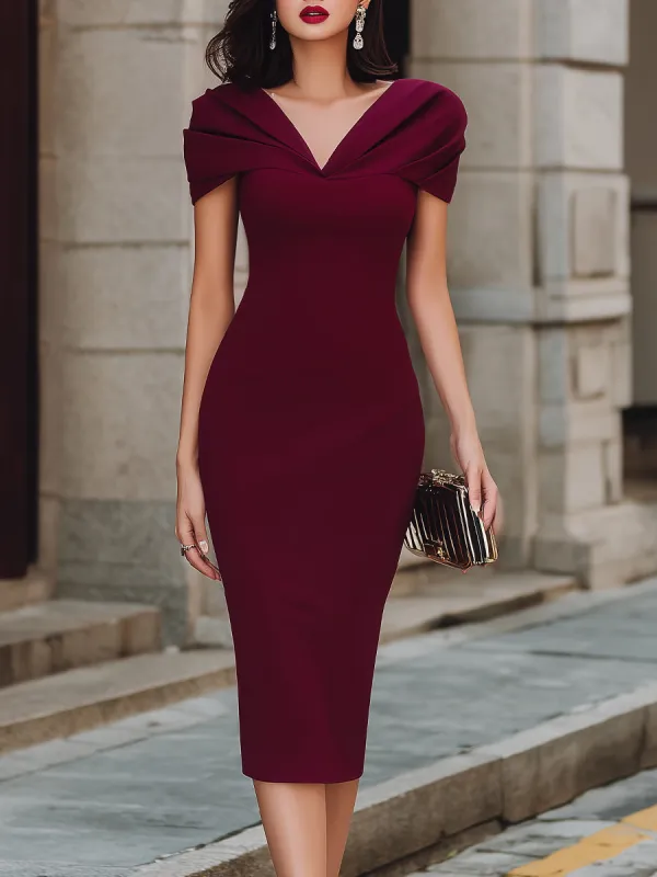 Off-Shoulder Draped Neckline Bodycon Midi Dress made by Mooyius
