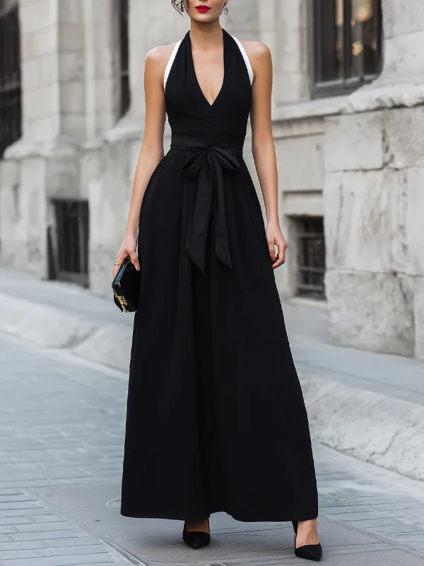Halter Neck Tie Waist A-Line Maxi Dress made by Mooyius