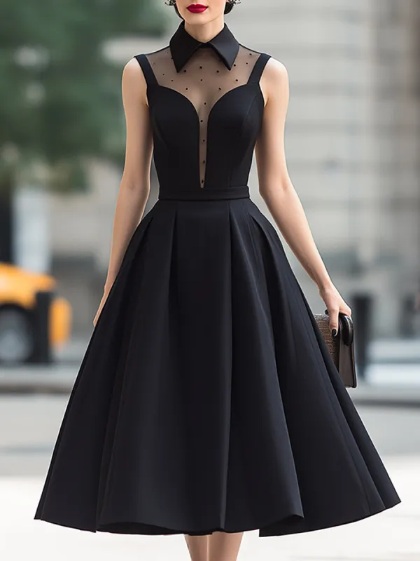 Sheer Panel High-Neck Pleated Midi Dress made by Mooyius