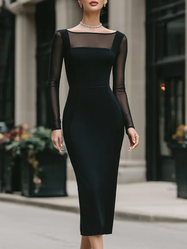 Sheer Mesh Panel Long Sleeve Bodycon Midi Dress made by Mooyius