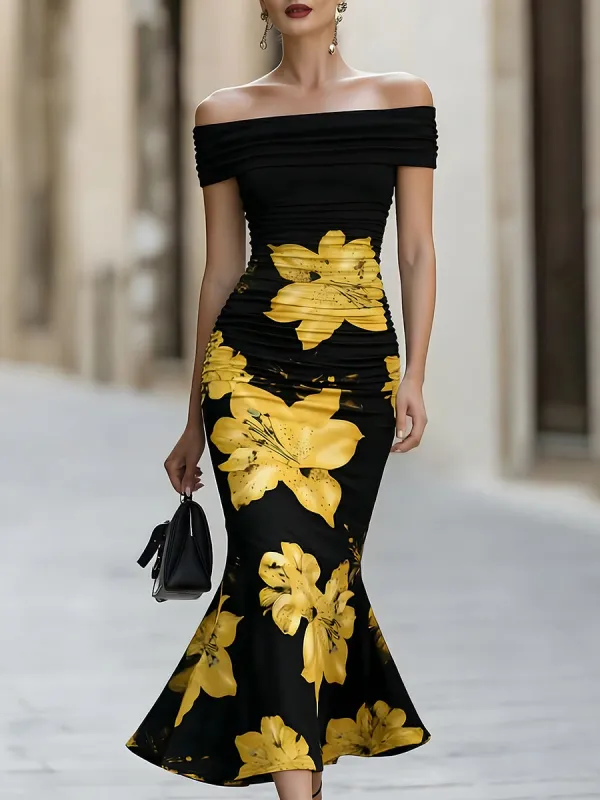 Off-Shoulder Ruched Yellow Lily Floral Mermaid Midi Dress made by Mooyius
