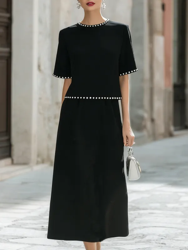 Elegant Pearl-Trimmed Two-Piece Midi Skirt Set made by Mooyius