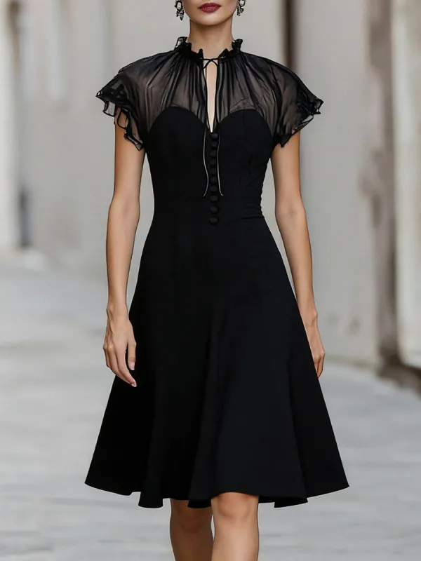 Romantic Sheer Ruffle Neck Midi Dress With Button Front made by Mooyius