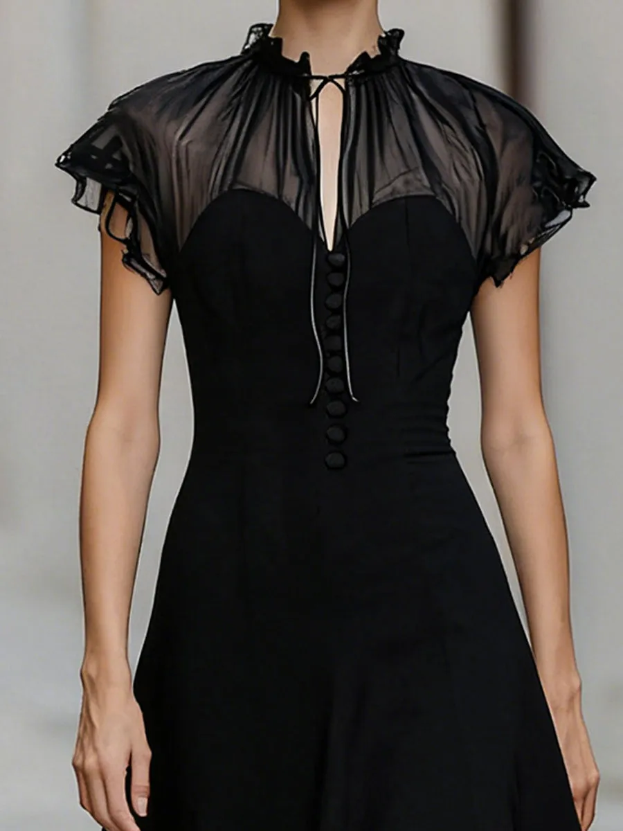 Romantic Sheer Ruffle Neck Midi Dress With Button Front sold by Mooyius product image thumbnail 2