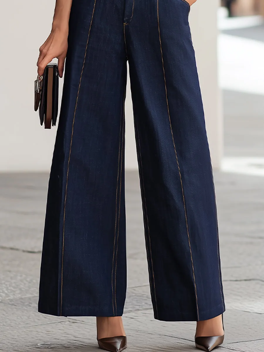 Denim Cap Sleeve Crop Top & High-Waisted Wide-Leg Pants Two-Piece Set sold by Mooyius product image thumbnail 3