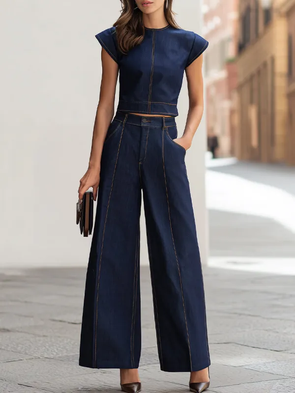 Denim Cap Sleeve Crop Top & High-Waisted Wide-Leg Pants Two-Piece Set made by Something Navy